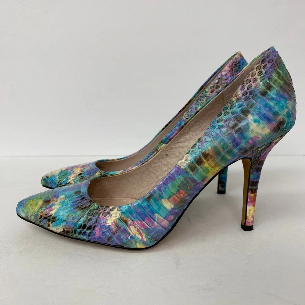 Vince Camuto, Hallee Snakeskin Blue Purple Painted Leather Pumps Size 8.5 Multi